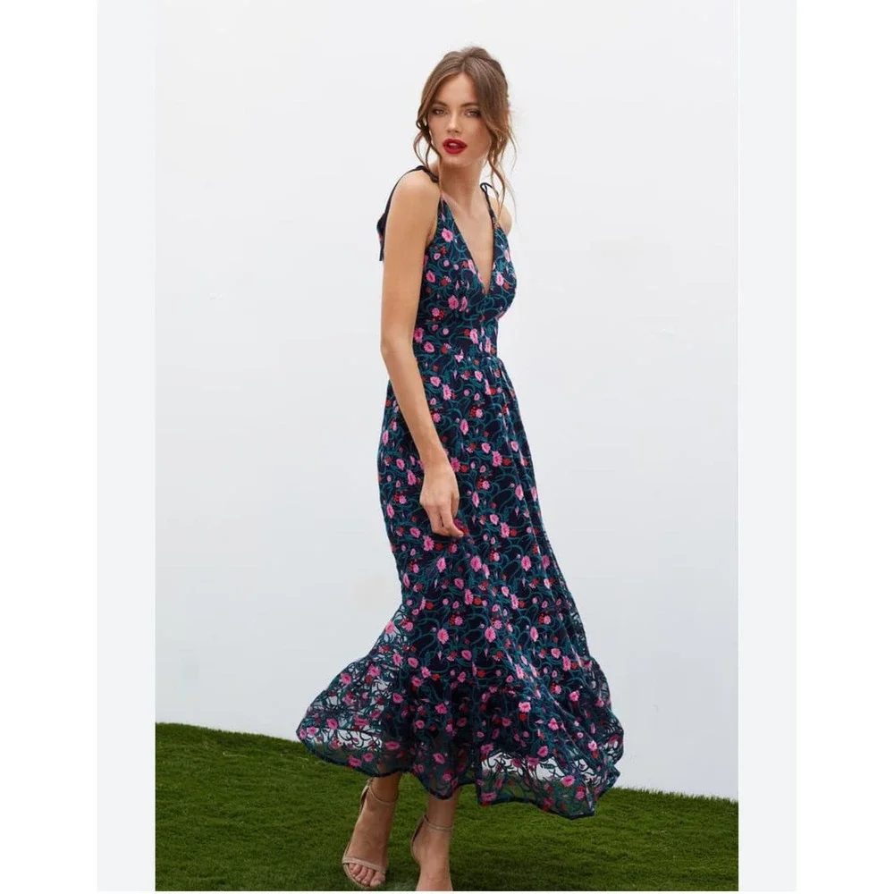 Dress The Population Sunny Floral Embroidered Floral Maxi Dress Size L NWT